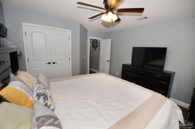 bedroom featuring ceiling fan and a closet