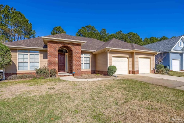 single story home featuring brick siding, a front yard, and a shingled roof