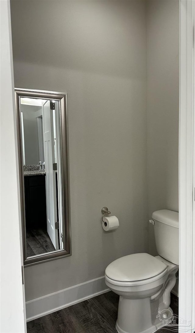 bathroom featuring toilet, vanity, and wood-type flooring