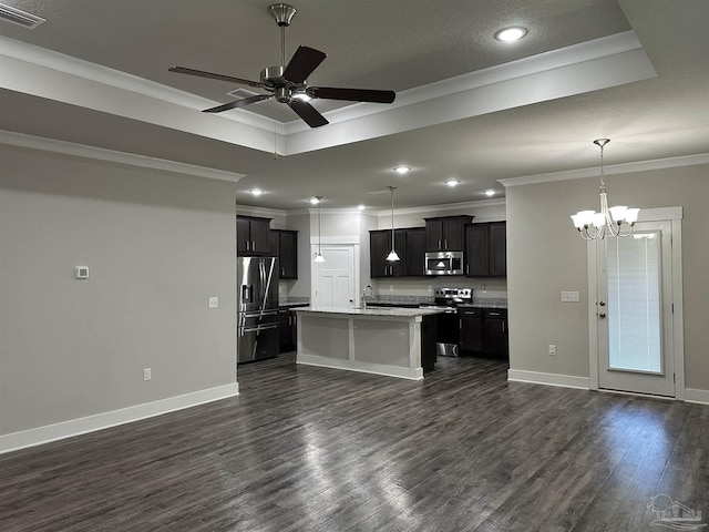 kitchen with dark wood-type flooring, appliances with stainless steel finishes, a tray ceiling, and a kitchen island with sink