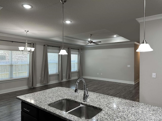 kitchen featuring crown molding, a raised ceiling, hanging light fixtures, and sink