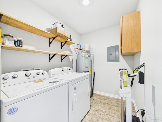 430 Morris Ave, Cantonment, FL 32533 - laundry area featuring electric panel, cabinet space, water heater, washer and dryer, and light wood-style floors