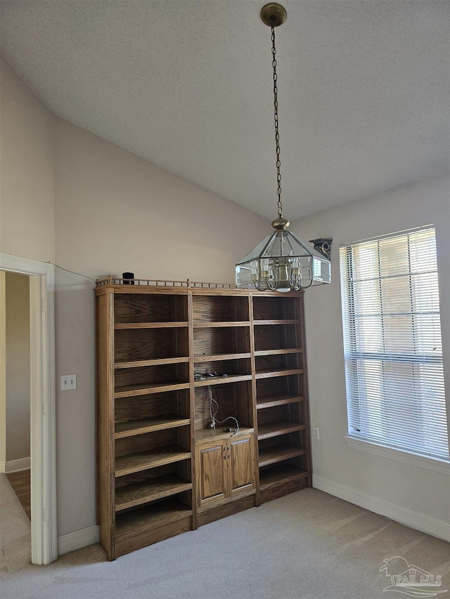 interior space with vaulted ceiling and carpet