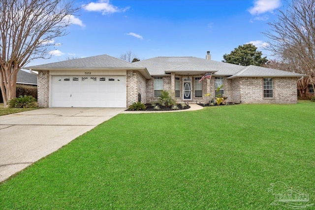 view of front of property featuring a garage, concrete driveway, a chimney, a front yard, and brick siding