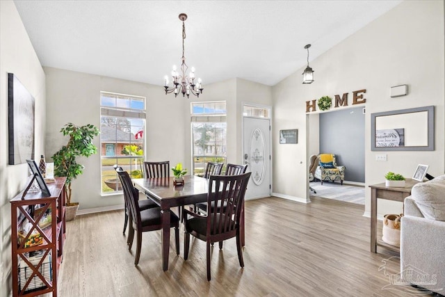 dining area with lofted ceiling, light wood finished floors, and baseboards