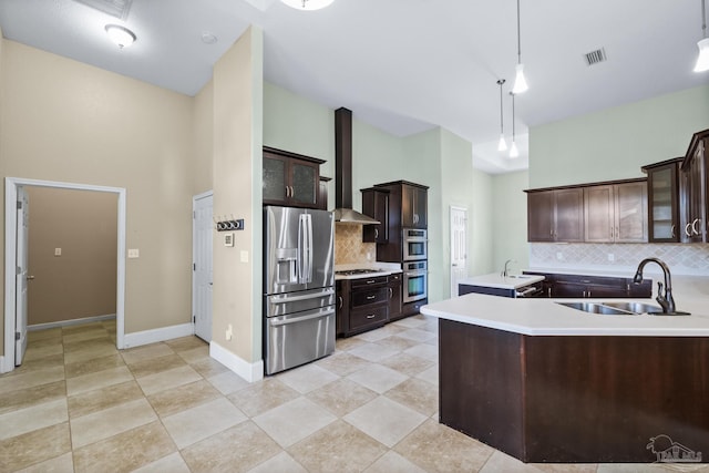 kitchen with dark brown cabinets, sink, decorative light fixtures, and appliances with stainless steel finishes