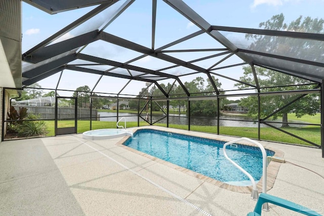 420 Palm Lake Dr, Pensacola, FL 32507 - view of swimming pool with a water view, a patio, a lawn, and glass enclosure