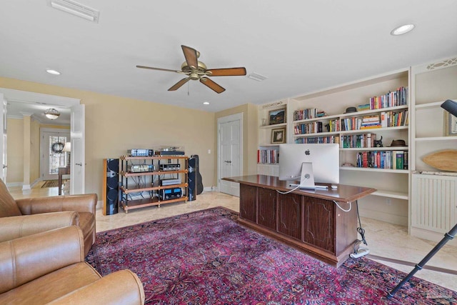 office featuring ceiling fan, baseboards, visible vents, and recessed lighting