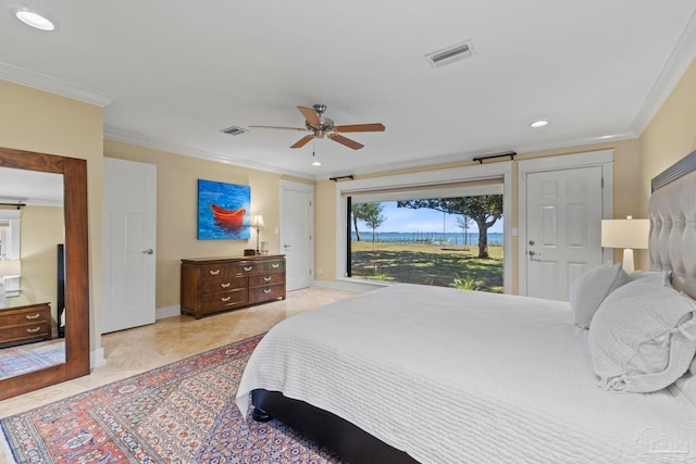 bedroom featuring access to exterior, visible vents, and ornamental molding