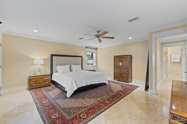 bedroom with visible vents, crown molding, and baseboards