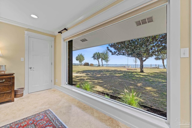 interior space featuring ornamental molding, carpet flooring, visible vents, and recessed lighting