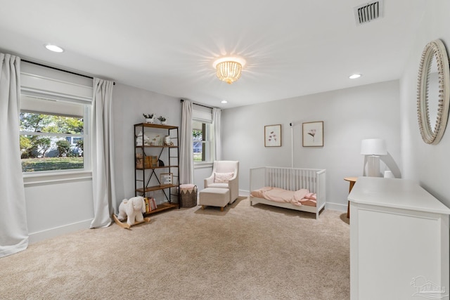 bedroom with recessed lighting, carpet, visible vents, and baseboards