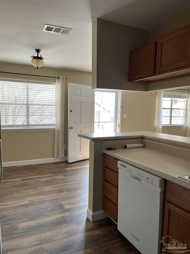 kitchen with dark hardwood / wood-style floors and white dishwasher