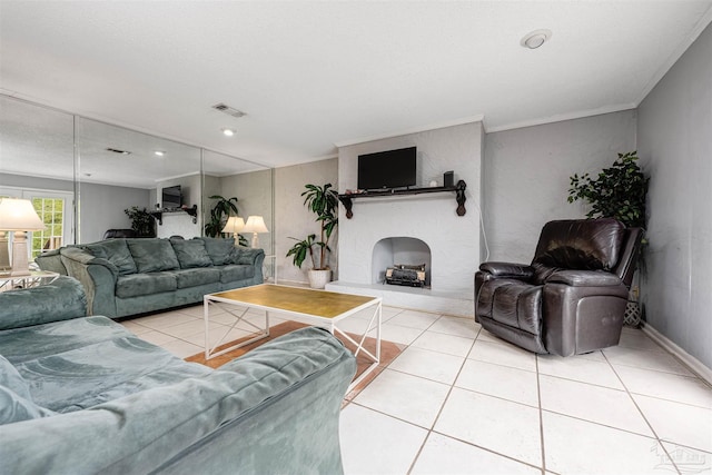 tiled living room with crown molding