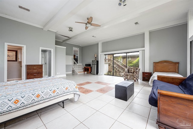 bedroom featuring light tile patterned floors, beam ceiling, and ceiling fan