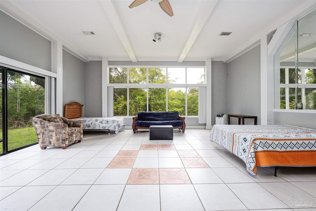 bedroom featuring access to outside, light tile patterned flooring, beam ceiling, and ceiling fan