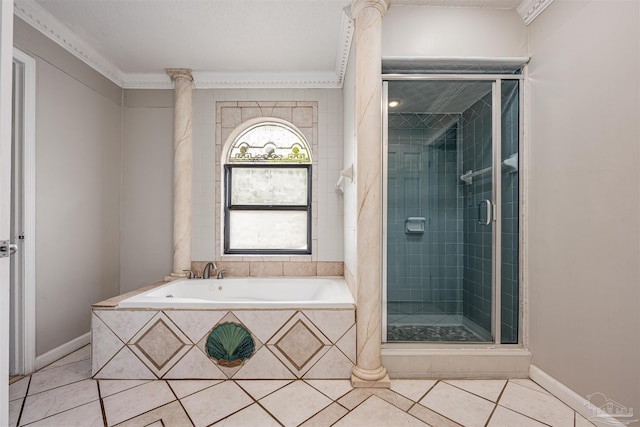 bathroom with tile patterned flooring, separate shower and tub, a textured ceiling, and ornamental molding