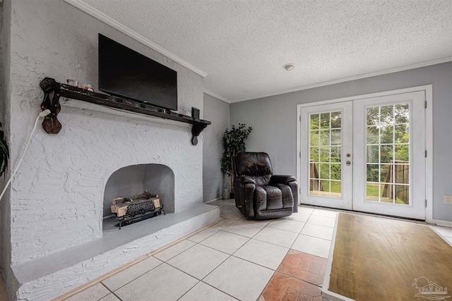 unfurnished living room with crown molding, french doors, and light tile patterned floors