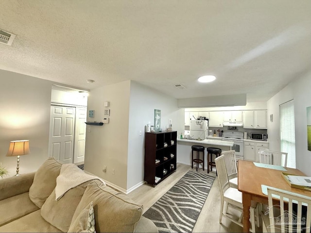 living room with a textured ceiling, light wood-type flooring, visible vents, and baseboards