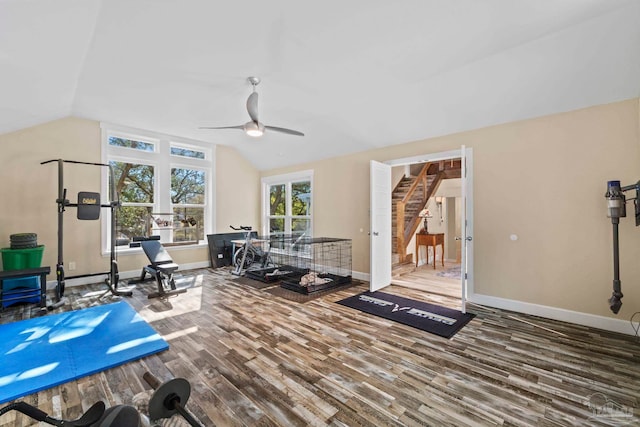 workout area with lofted ceiling, wood-type flooring, and ceiling fan