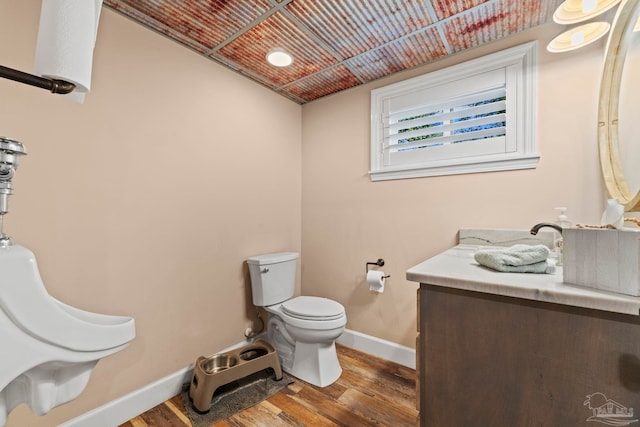 bathroom featuring toilet, wood-type flooring, and vanity