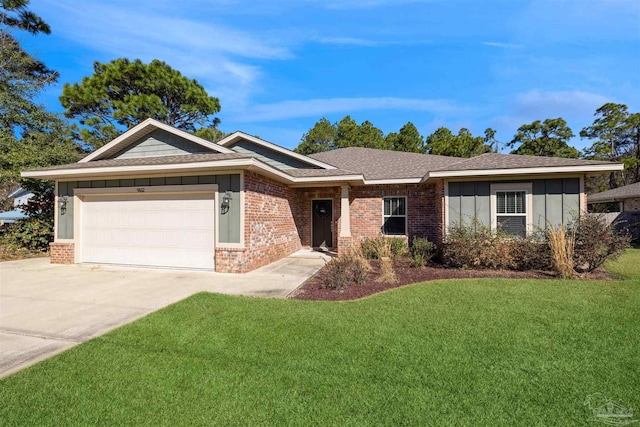 single story home featuring a front lawn and a garage