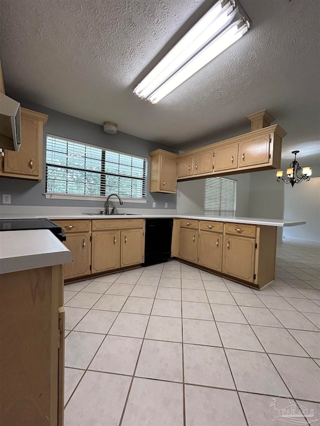 kitchen with a chandelier, black dishwasher, sink, light tile patterned floors, and a textured ceiling