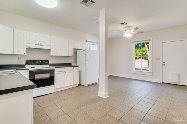 kitchen featuring white appliances, white cabinets, sink, ceiling fan, and light tile patterned flooring