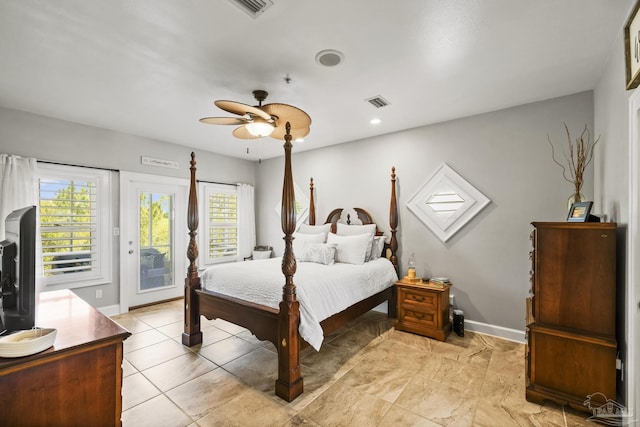 bedroom with visible vents, access to exterior, baseboards, and ceiling fan