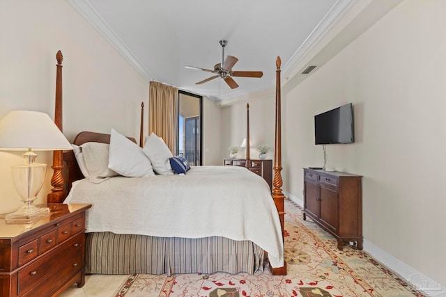 bedroom with ceiling fan and crown molding