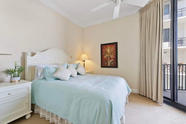 bedroom with ornamental molding, access to outside, ceiling fan, and light colored carpet