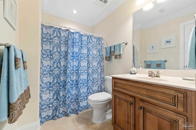 bathroom featuring toilet, vanity, tile patterned floors, and ornamental molding