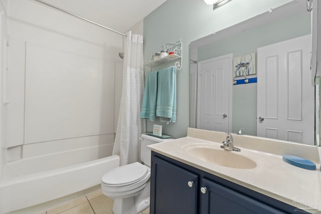 bathroom with toilet, shower / bath combination with curtain, tile patterned flooring, and vanity