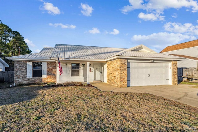 ranch-style home with a garage and a front yard