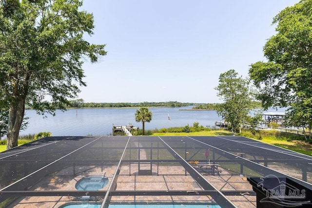 4513 River Ranch Rd, Milton, FL 32583 - swimming pool with an in-ground hot tub, a water view, a lanai, and a dock