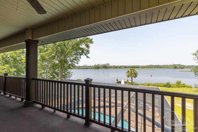 4513 River Ranch Rd, Milton, FL 32583 - balcony featuring a water view, ceiling fan, and view of pool area