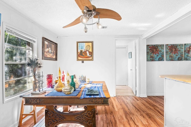 dining space with ceiling fan, indoor bar, a textured ceiling, and light wood-type flooring