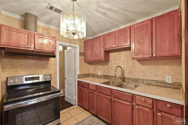 kitchen with pendant lighting, sink, light tile patterned floors, stainless steel range with electric stovetop, and an inviting chandelier