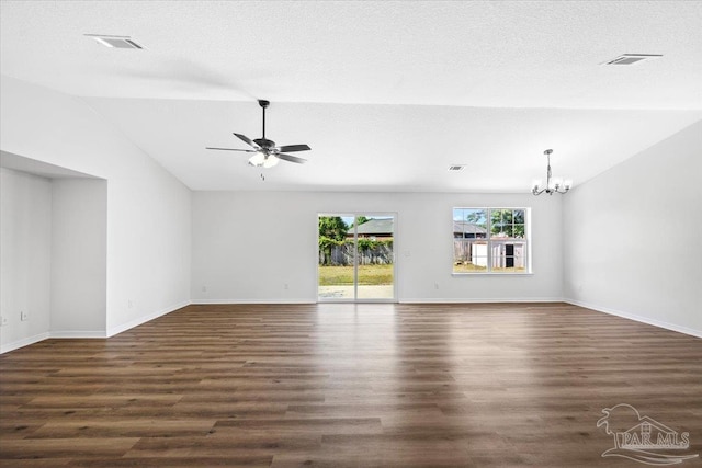 6914 Raburn Rd, Pensacola, FL 32526 - unfurnished living room featuring visible vents, vaulted ceiling, dark wood finished floors, baseboards, and ceiling fan with notable chandelier
