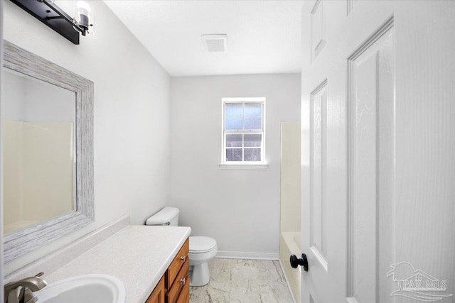6914 Raburn Rd, Pensacola, FL 32526 - full bathroom with vanity, baseboards, toilet, and marble finish floor