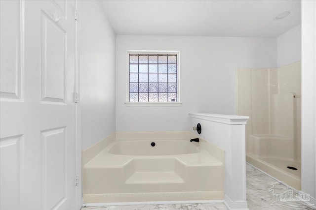 6914 Raburn Rd, Pensacola, FL 32526 - full bathroom featuring walk in shower, a bath, and marble finish floor