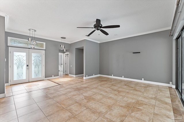 foyer entrance featuring crown molding, french doors, ceiling fan, and a textured ceiling