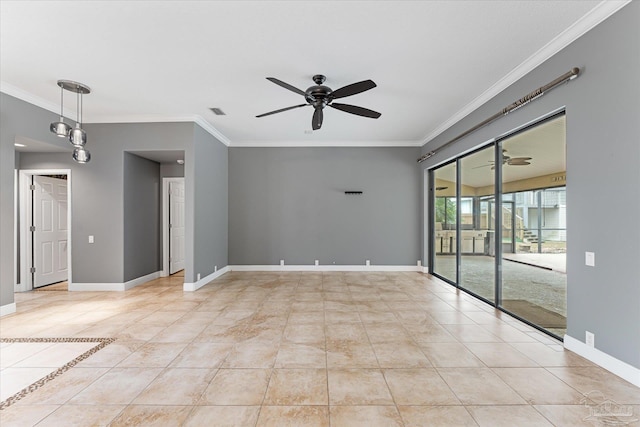 tiled spare room featuring crown molding and ceiling fan