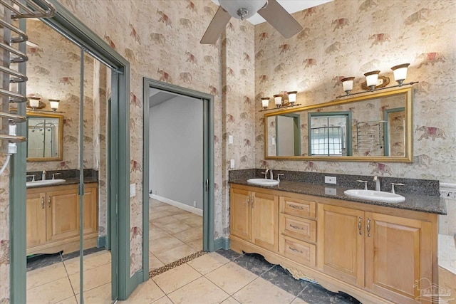 bathroom with vanity, tile patterned floors, and ceiling fan