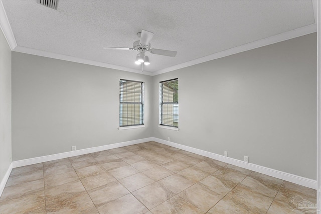 unfurnished room with ceiling fan, light tile patterned flooring, ornamental molding, and a textured ceiling