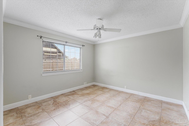 unfurnished room with a textured ceiling, ceiling fan, crown molding, and light tile patterned flooring