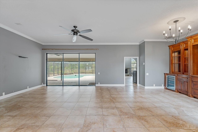 unfurnished room with ceiling fan with notable chandelier, ornamental molding, a textured ceiling, and beverage cooler