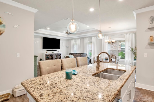 kitchen with hanging light fixtures, hardwood / wood-style flooring, light stone counters, sink, and a raised ceiling