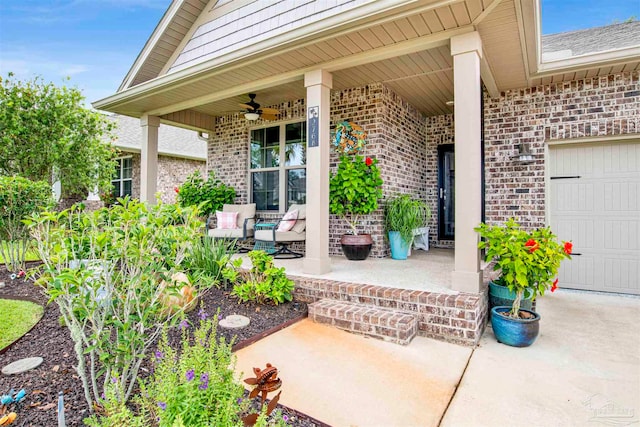 property entrance with ceiling fan and a garage