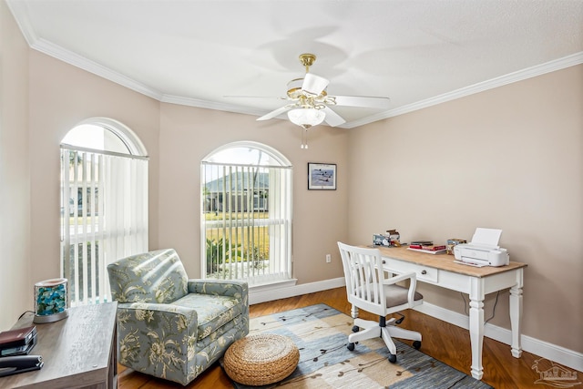 office featuring hardwood / wood-style flooring, plenty of natural light, ceiling fan, and crown molding